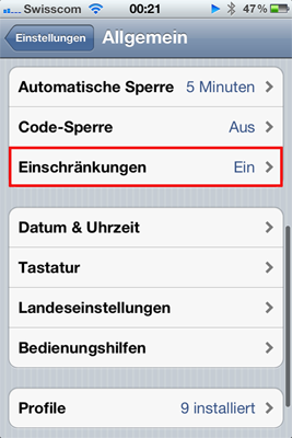 Auf "Einschränkungen" klicken.